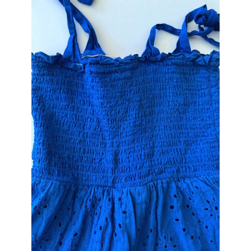100% Cotton Eyelet Lace Boho Mini Dress Smocked Tie Strap Size S Coastal Chic